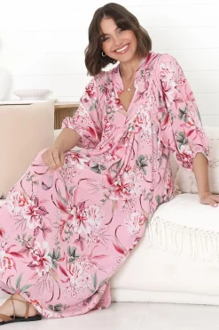 Boheme Midi Dress - Piping Defined Bust Slimline Smock Dress In Pink Lotus><noscript><img width=