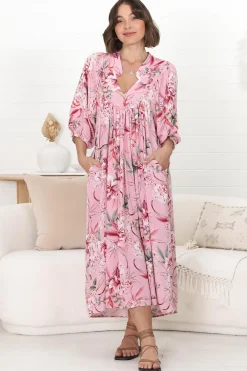 Boheme Midi Dress - Piping Defined Bust Slimline Smock Dress In Pink Lotus><noscript><img width=