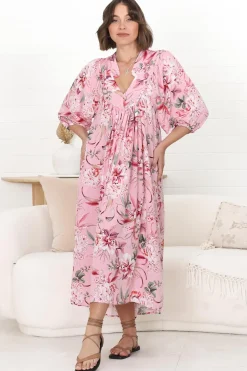 Boheme Midi Dress - Piping Defined Bust Slimline Smock Dress In Pink Lotus><noscript><img width=