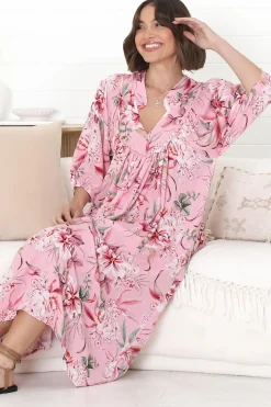 Boheme Midi Dress - Piping Defined Bust Slimline Smock Dress In Pink Lotus><noscript><img width=