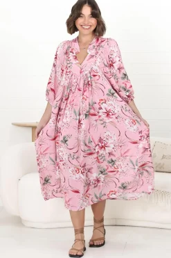 Boheme Midi Dress - Piping Defined Bust Slimline Smock Dress In Pink Lotus><noscript><img width=