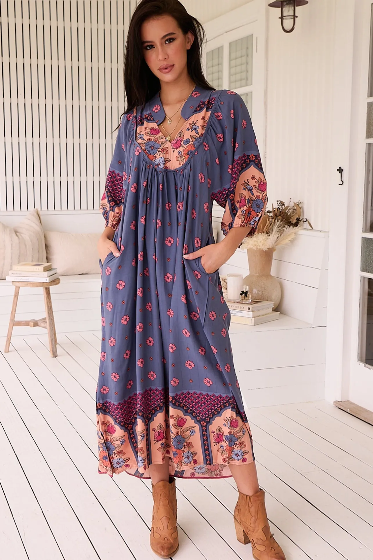 Boheme Midi Dress - Piping Defined Bust Slimline Smock Dress in Laney Print>Jaase Clearance