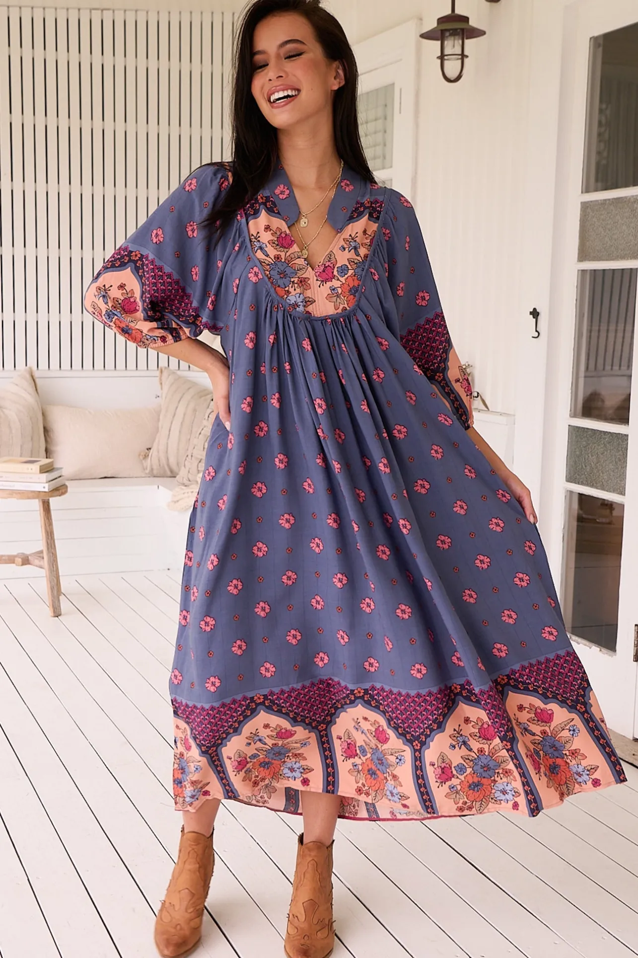 Boheme Midi Dress - Piping Defined Bust Slimline Smock Dress in Laney Print>Jaase Clearance
