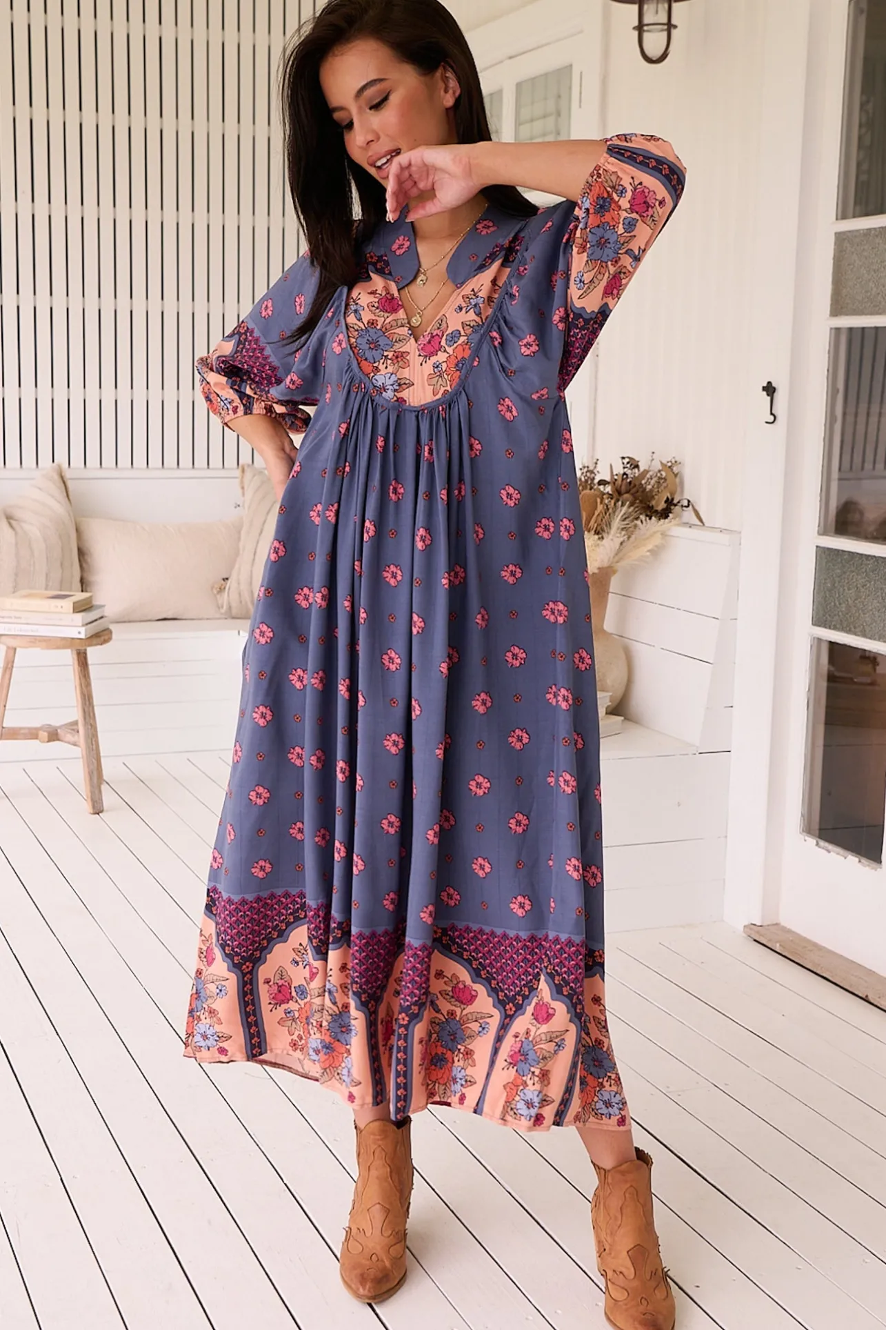 Boheme Midi Dress - Piping Defined Bust Slimline Smock Dress in Laney Print>Jaase Clearance
