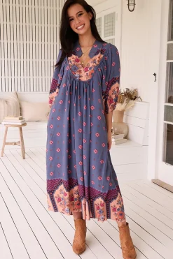 Boheme Midi Dress - Piping Defined Bust Slimline Smock Dress in Laney Print><noscript><img width=