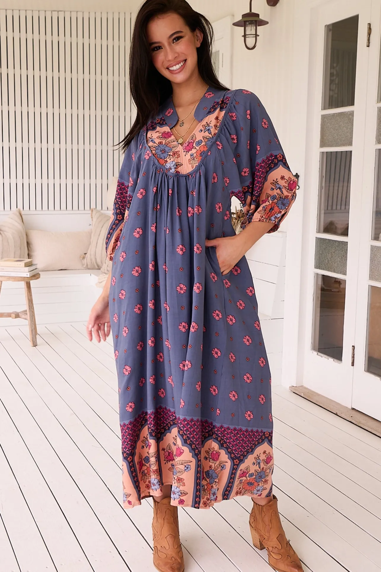 Boheme Midi Dress - Piping Defined Bust Slimline Smock Dress in Laney Print>Jaase Clearance
