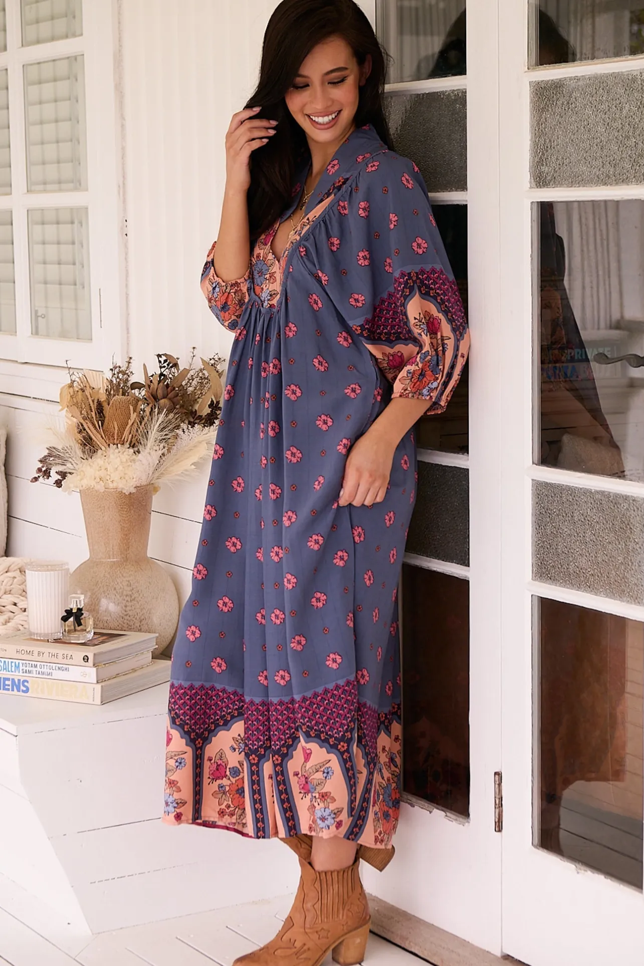 Boheme Midi Dress - Piping Defined Bust Slimline Smock Dress in Laney Print>Jaase Clearance
