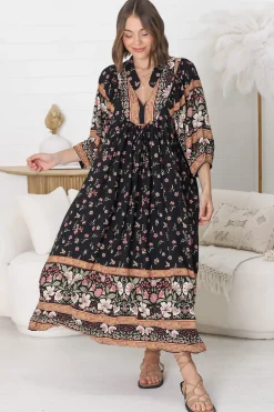 Boheme Midi Dress - Piping Defined Bust Slimline Smock Dress In Eternity Print><noscript><img width=