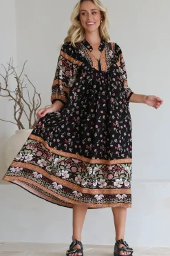 Boheme Midi Dress - Piping Defined Bust Slimline Smock Dress In Eternity Print><noscript><img width=