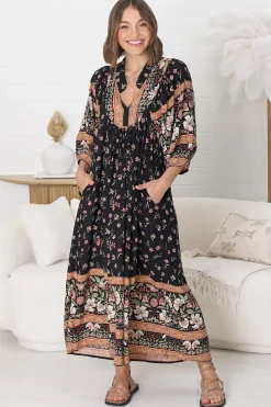 Boheme Midi Dress - Piping Defined Bust Slimline Smock Dress In Eternity Print><noscript><img width=