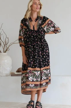 Boheme Midi Dress - Piping Defined Bust Slimline Smock Dress In Eternity Print><noscript><img width=