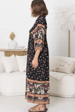Boheme Midi Dress - Piping Defined Bust Slimline Smock Dress In Eternity Print><noscript><img width=