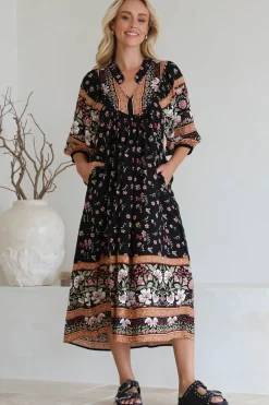 Boheme Midi Dress - Piping Defined Bust Slimline Smock Dress In Eternity Print><noscript><img width=