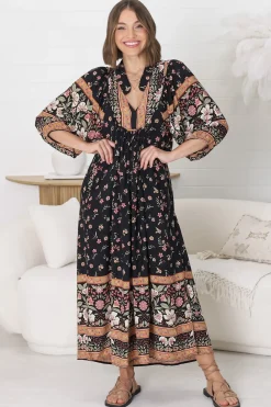 Boheme Midi Dress - Piping Defined Bust Slimline Smock Dress In Eternity Print><noscript><img width=