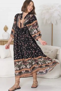 Boheme Midi Dress - Piping Defined Bust Slimline Smock Dress In Eternity Print><noscript><img width=