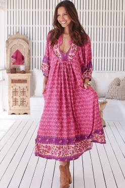 Boheme Midi Dress - Piping Defined Bust Slimline Smock Dress In Jolene Print>Jaase Best