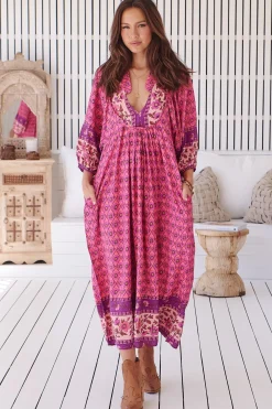Boheme Midi Dress - Piping Defined Bust Slimline Smock Dress In Jolene Print><noscript><img width=