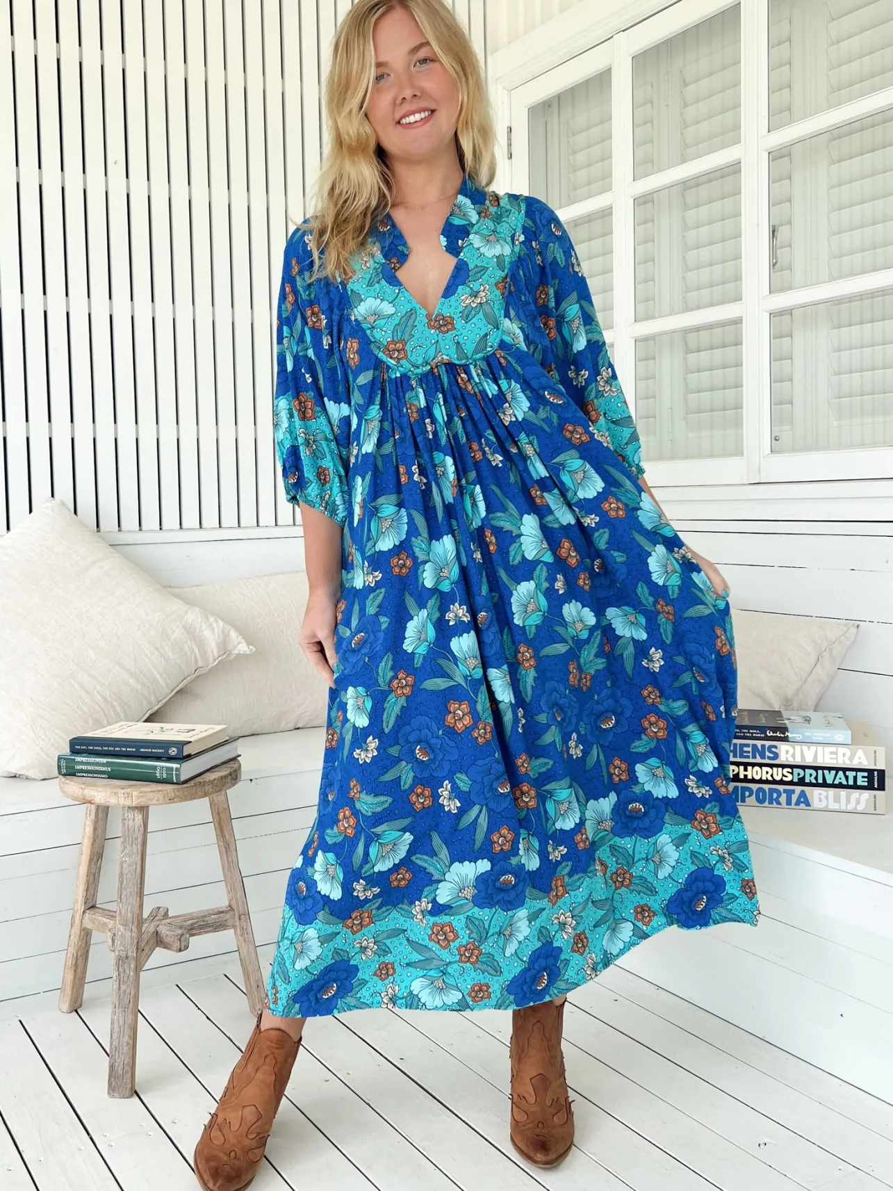 Boheme Midi Dress - Piping Defined Bust Slimline Smock Dress In Love in Mist Print>Jaase Outlet