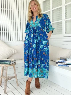 Boheme Midi Dress - Piping Defined Bust Slimline Smock Dress In Love in Mist Print>Jaase Outlet