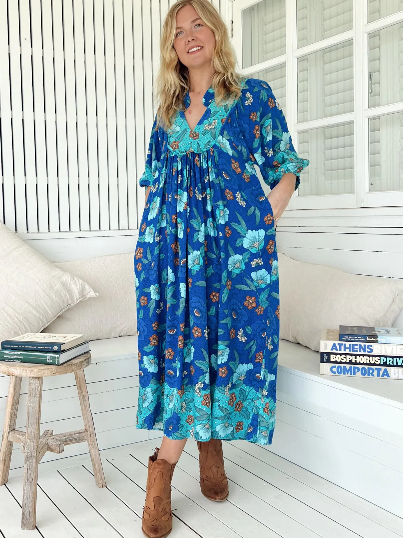 Boheme Midi Dress - Piping Defined Bust Slimline Smock Dress In Love in Mist Print>Jaase Outlet
