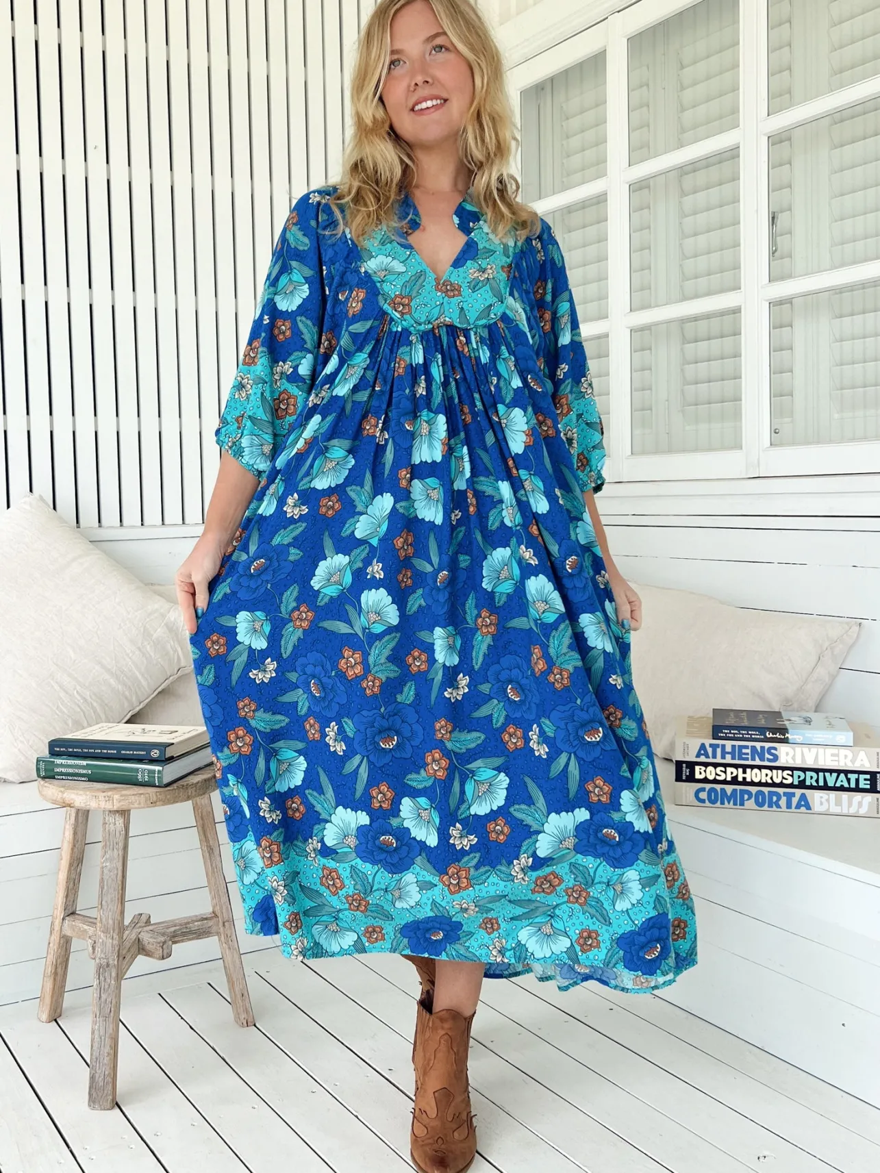 Boheme Midi Dress - Piping Defined Bust Slimline Smock Dress In Love in Mist Print>Jaase Outlet