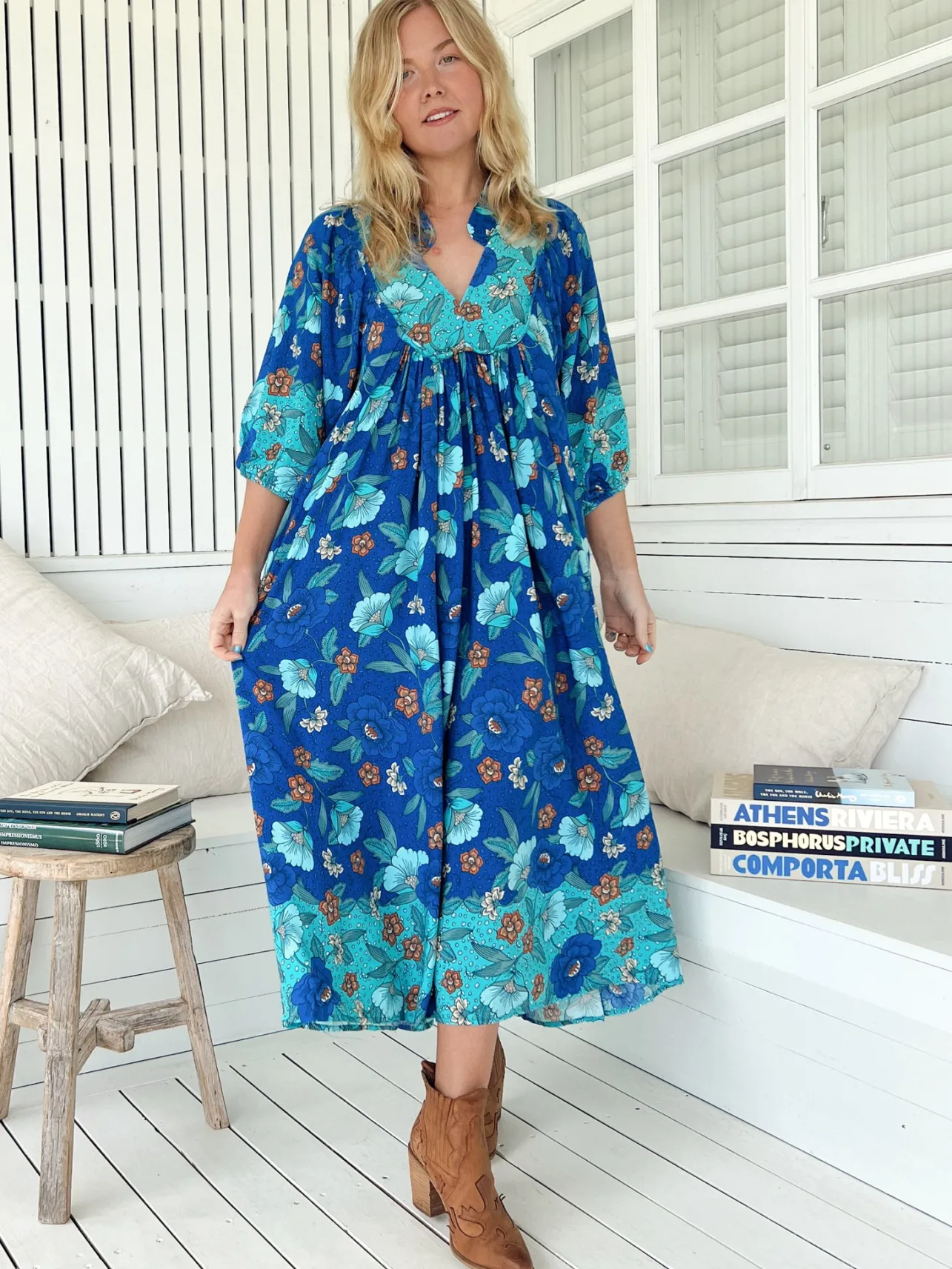 Boheme Midi Dress - Piping Defined Bust Slimline Smock Dress In Love in Mist Print>Jaase Outlet