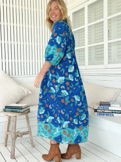 Boheme Midi Dress - Piping Defined Bust Slimline Smock Dress In Love in Mist Print><noscript><img width=