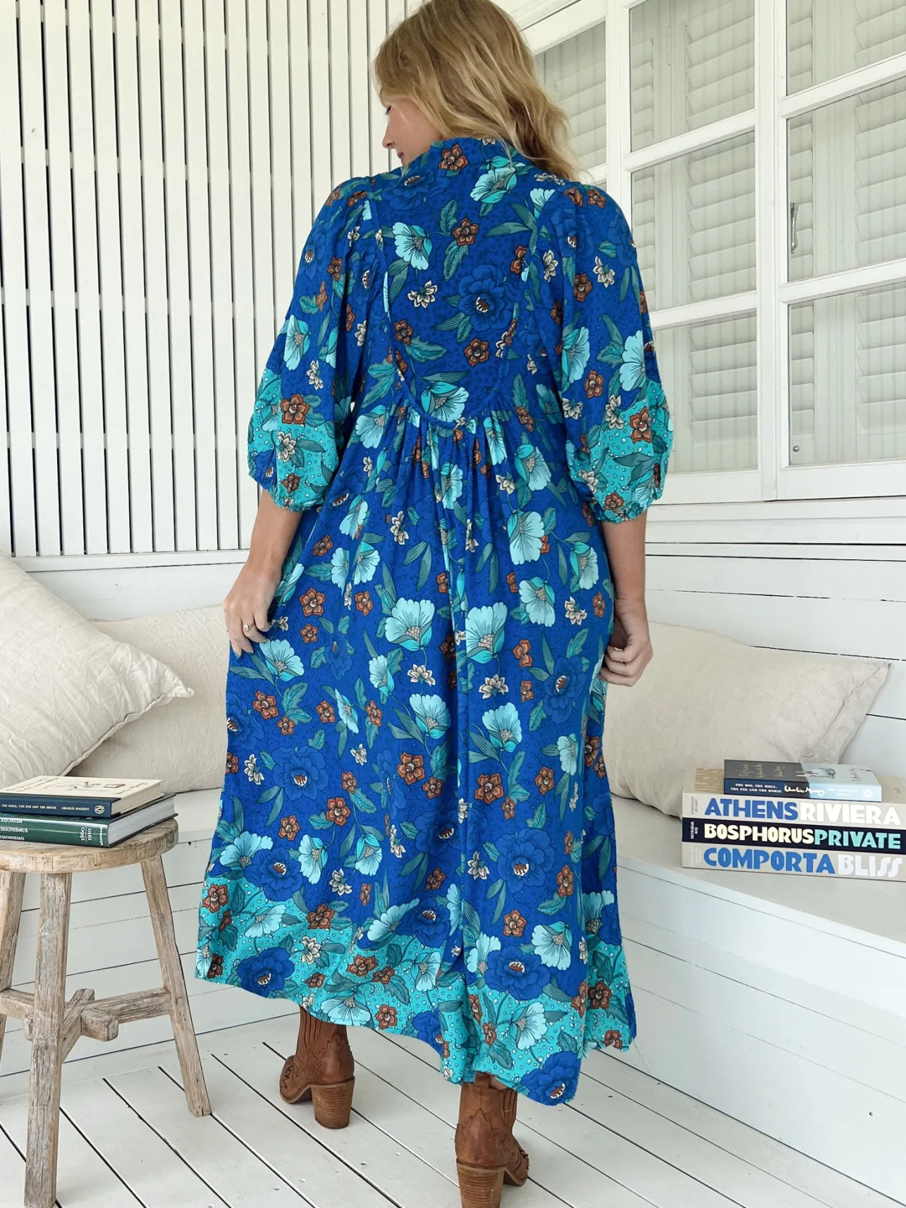 Boheme Midi Dress - Piping Defined Bust Slimline Smock Dress In Love in Mist Print>Jaase Outlet