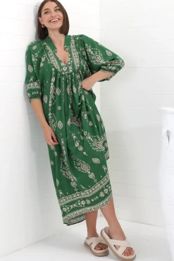 Boheme Midi Dress - Piping Defined Bust Slimline Smock Dress in Kiva Print><noscript><img width=