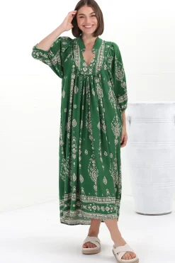 Boheme Midi Dress - Piping Defined Bust Slimline Smock Dress in Kiva Print><noscript><img width=