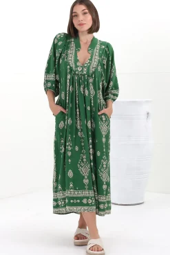 Boheme Midi Dress - Piping Defined Bust Slimline Smock Dress in Kiva Print><noscript><img width=