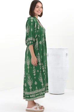 Boheme Midi Dress - Piping Defined Bust Slimline Smock Dress in Kiva Print><noscript><img width=