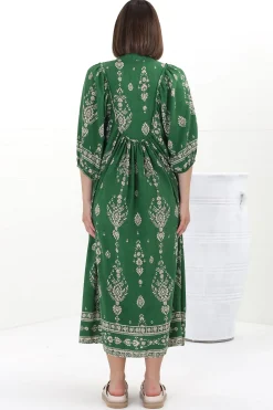 Boheme Midi Dress - Piping Defined Bust Slimline Smock Dress in Kiva Print><noscript><img width=