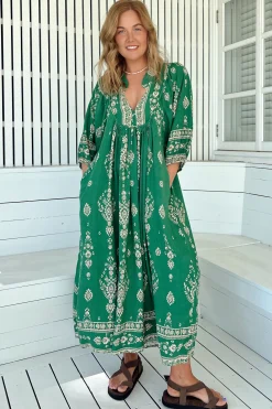 Boheme Midi Dress - Piping Defined Bust Slimline Smock Dress in Kiva Print><noscript><img width=