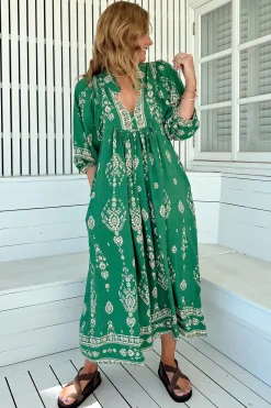 Boheme Midi Dress - Piping Defined Bust Slimline Smock Dress in Kiva Print><noscript><img width=
