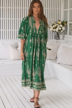 Boheme Midi Dress - Piping Defined Bust Slimline Smock Dress in Kiva Print><noscript><img width=