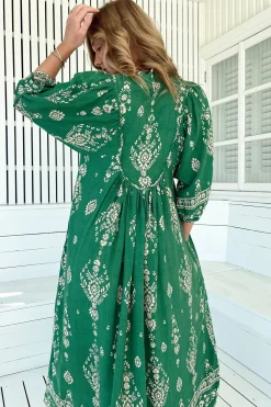 Boheme Midi Dress - Piping Defined Bust Slimline Smock Dress in Kiva Print><noscript><img width=