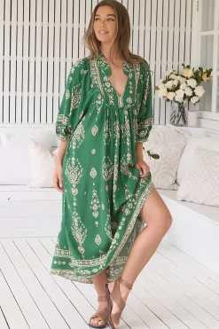 Boheme Midi Dress - Piping Defined Bust Slimline Smock Dress in Kiva Print><noscript><img width=