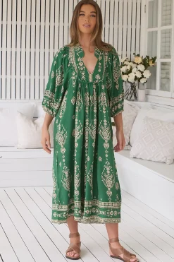 Boheme Midi Dress - Piping Defined Bust Slimline Smock Dress in Kiva Print><noscript><img width=