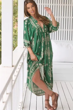 Boheme Midi Dress - Piping Defined Bust Slimline Smock Dress in Kiva Print><noscript><img width=