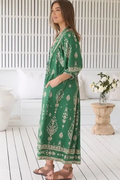 Boheme Midi Dress - Piping Defined Bust Slimline Smock Dress in Kiva Print><noscript><img width=