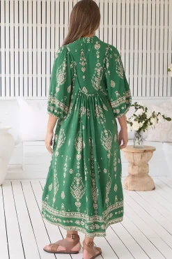 Boheme Midi Dress - Piping Defined Bust Slimline Smock Dress in Kiva Print><noscript><img width=