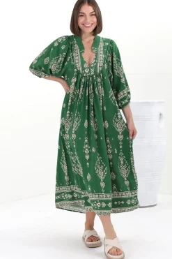 Boheme Midi Dress - Piping Defined Bust Slimline Smock Dress in Kiva Print><noscript><img width=