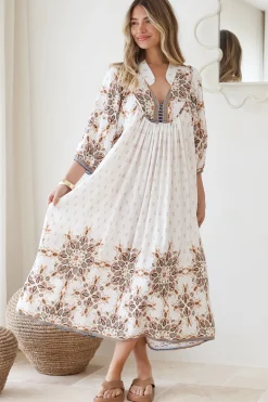 Boheme Midi Dress - Piping Defined Bust Slimline Smock Dress In Gemstone Print>Jaase
