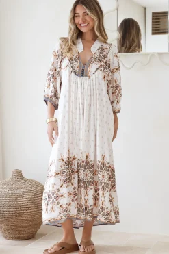 Boheme Midi Dress - Piping Defined Bust Slimline Smock Dress In Gemstone Print>Jaase