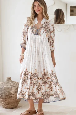 Boheme Midi Dress - Piping Defined Bust Slimline Smock Dress In Gemstone Print><noscript><img width=