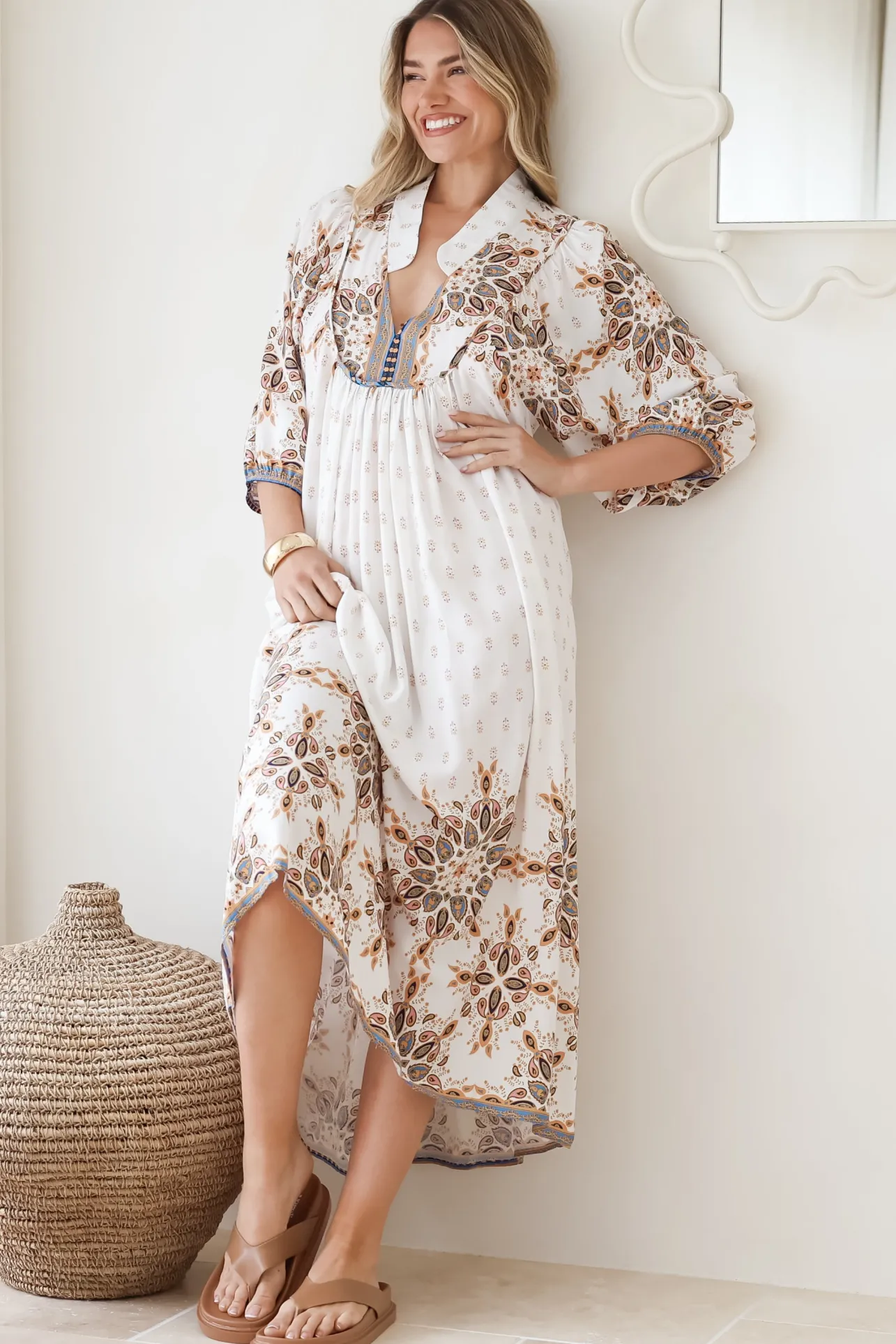 Boheme Midi Dress - Piping Defined Bust Slimline Smock Dress In Gemstone Print>Jaase