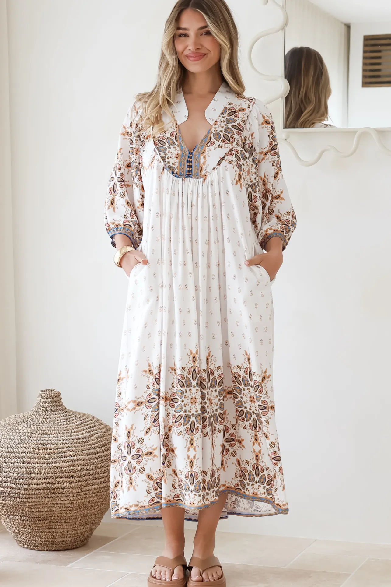 Boheme Midi Dress - Piping Defined Bust Slimline Smock Dress In Gemstone Print>Jaase