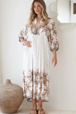 Boheme Midi Dress - Piping Defined Bust Slimline Smock Dress In Gemstone Print><noscript><img width=