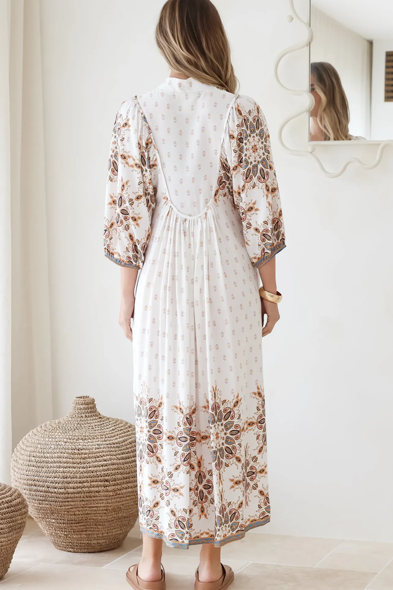 Boheme Midi Dress - Piping Defined Bust Slimline Smock Dress In Gemstone Print>Jaase